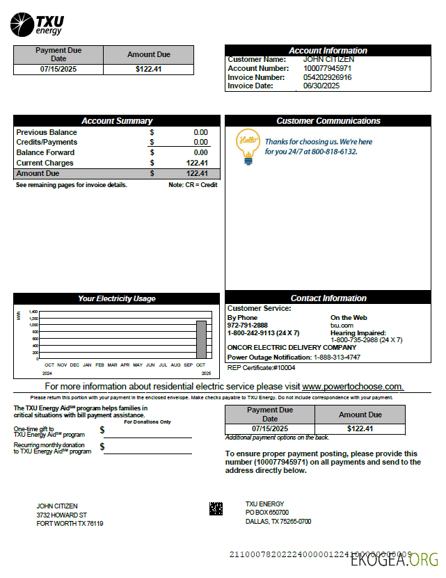 USA TXU Energy utility bill template in Word and PDF formats, version 2